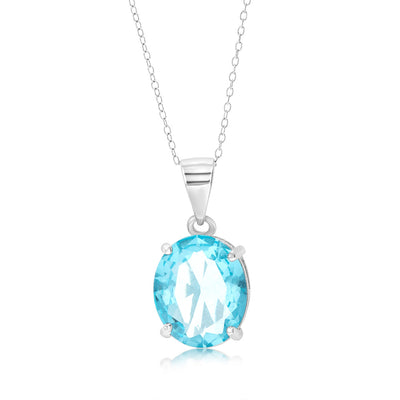 Sterling Silver Oval Created Blue Topaz Pendant On Chain