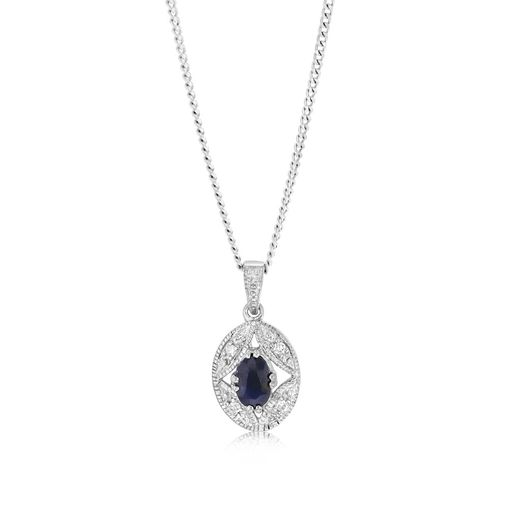 Sterling Silver 0.35 Ct Natural Sapphire & 4 Diamonds Pendant