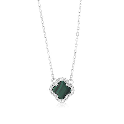 Clover Malachite And White Cubic Zirconia Pendant on 45cm Chain in Sterling Silver Rhodium Plated