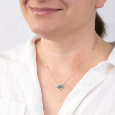Clover Malachite And White Cubic Zirconia Pendant on 45cm Chain in Sterling Silver Rhodium Plated