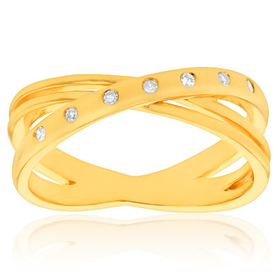 14ct Gold Plated Sterling Silver Diamond Cross Over Ring with 7 Diamonds