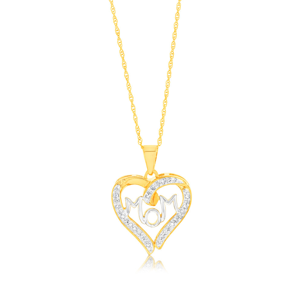 Gold Plated Sterling Silver 1/4 Carat Diamond "MUM" Heart Pendant on 45cm Chain