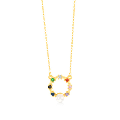 Gold Plated Sterling Silver Cubic Zirconia Simulated Pearl Pendant With 45cm Chain