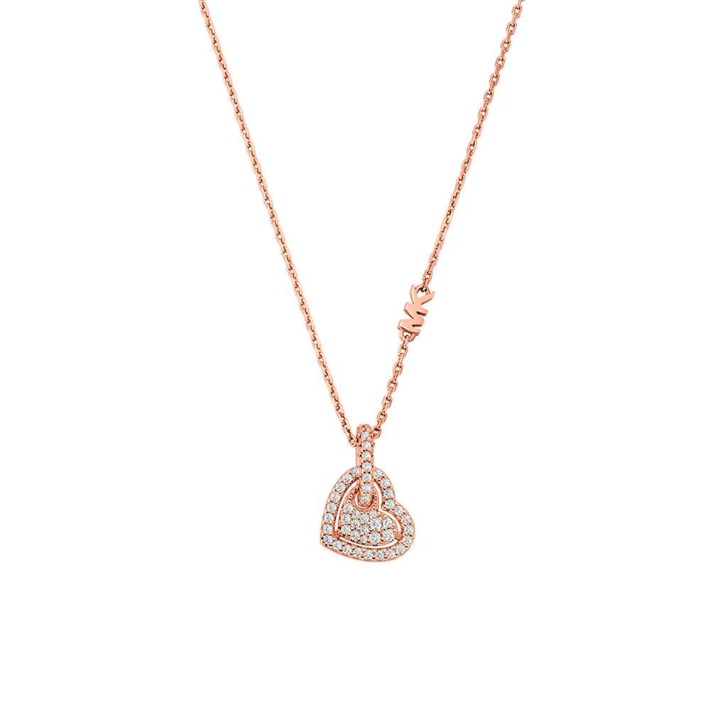 Michael Kors Rose Gold Plated Sterling Silver Pave Heart Pendant On Chain
