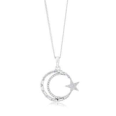 Sterling Silver Rhodium Plated Cubic Zirconia Star And Moon Round Pendant