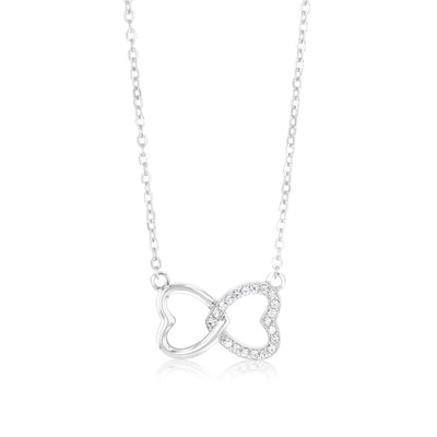 Sterling Silver Rhodium Plated Cubic Zirconia Interlocking Hearts Pendant On Chain
