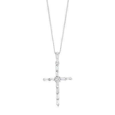 Sterling Silver Rhodium Plated Cubic Zirconia Fancy Cross Pendant