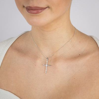 Sterling Silver Rhodium Plated Cubic Zirconia Fancy Cross Pendant