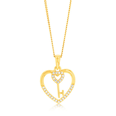 Sterling Silver Gold Plated Cubic Zirconia Key And Heart Pendant
