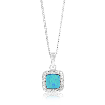 Sterling Silver Rhodium Plated Cubic Zirconia Created Blue Opal Square Pendant