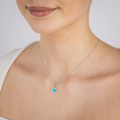 Sterling Silver Rhodium Plated Cubic Zirconia Created Blue Opal Square Pendant