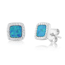 Load image into Gallery viewer, Sterling Silver Cubic Zirconia Created Blue Opal Square Stud Earrings
