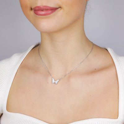 Sterling Silver Rhodium Plated Created White Opal Butterfly Pendant On Chain