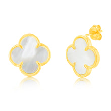 Load image into Gallery viewer, Sterling Silver Gold Plated White Shell Pearl Four Leaf Clover Stud Earrings