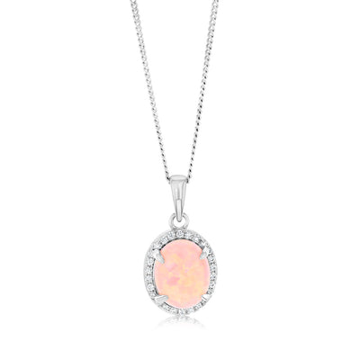 Sterling Silver Rhodium Plated Cubic Zirconia Created Pink Opal Oval Pendant