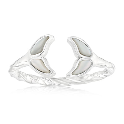 Sterling Silver Rhodium Plated White Shell Pearl Twisted Dolphin Tail Ring