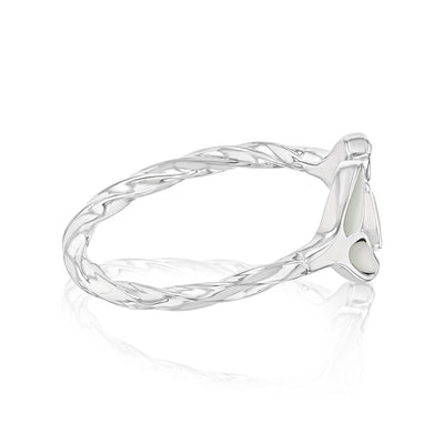 Sterling Silver Rhodium Plated White Shell Pearl Twisted Dolphin Tail Ring