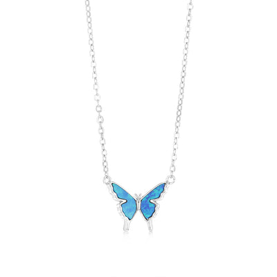Sterling Silver Rhodium Plated Created Blue Opal Butterfly Pendant On Chain