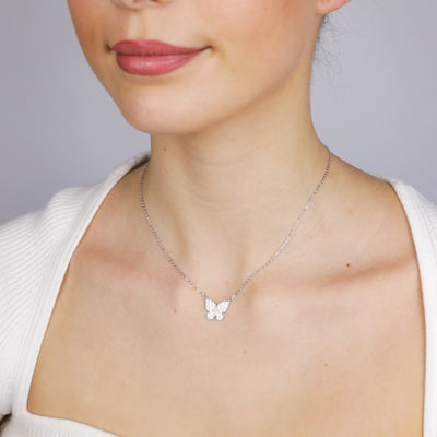 Sterling Silver Rhodium Plated Cubic Zirconia Butterfly Pendant On Chain
