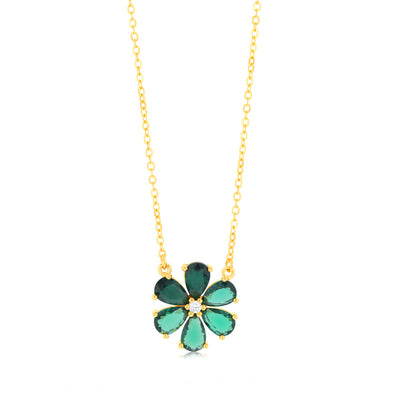 Sterling Silver Gold Plated Green Cubic Zirconia Flower Pendant On Chain