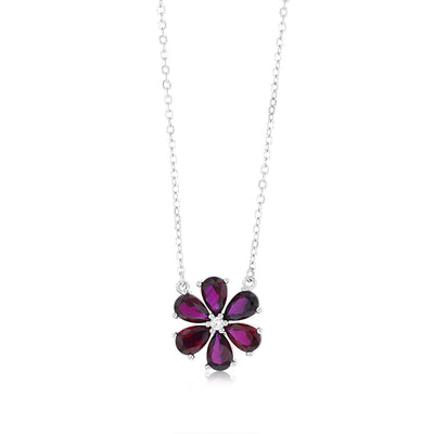 Sterling Silver Rhodium Plated Red Cubic Zirconia Flower Pendant On Chain
