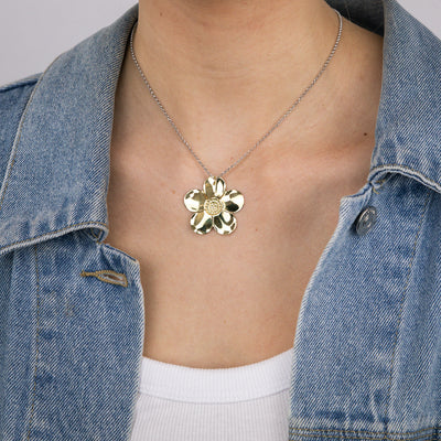 Sterling Silver Gold Plated Cubic Zirconia Flower Pendant on 40+5cm Silver Chain