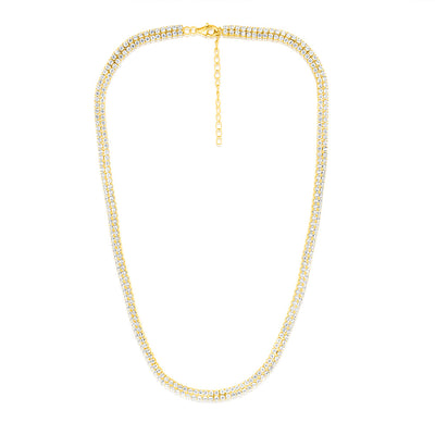 Sterling Silver Gold Plated 2mm Cubic Zirconia Two Row 40+5cm Tennis Chain