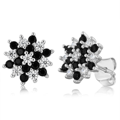 Sterling Silver White And Black Cubic Zirconia Fancy Flower Stud Earrings