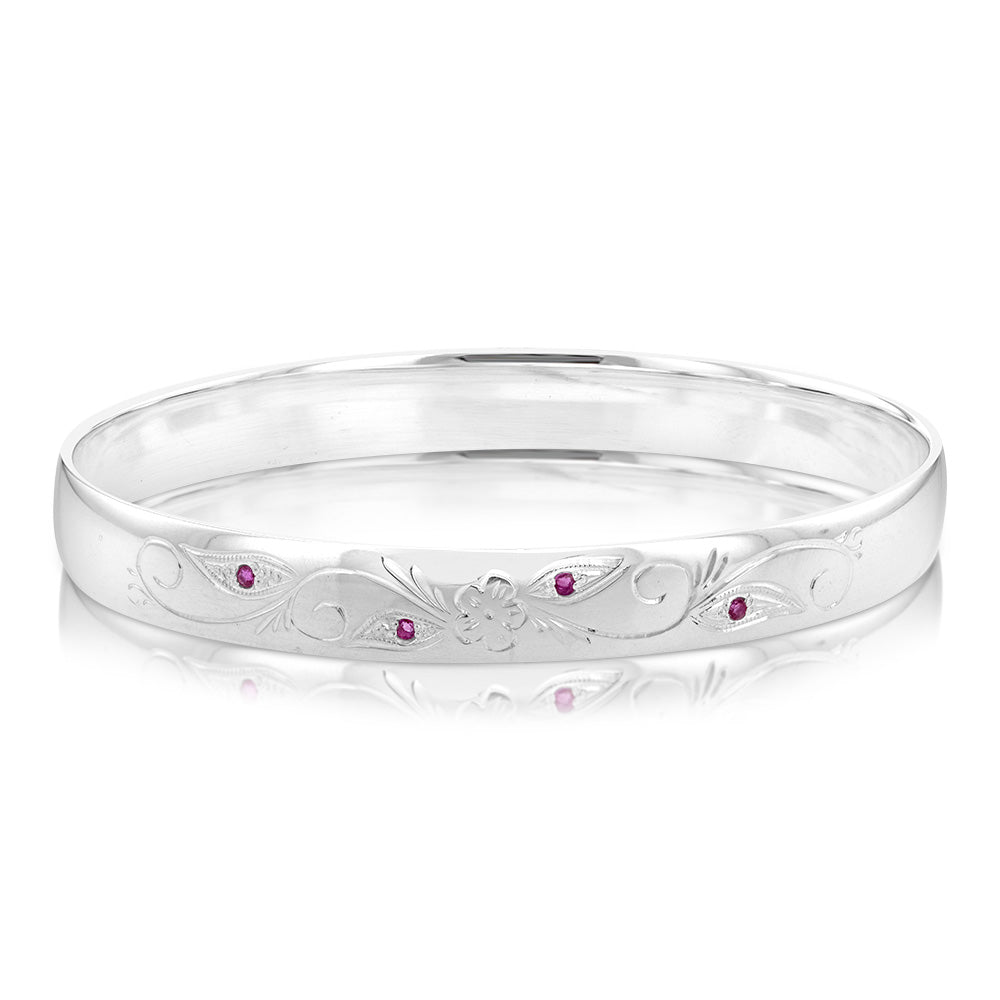 Sterling Silver Hand Engraved Ruby 65mm Bangle
