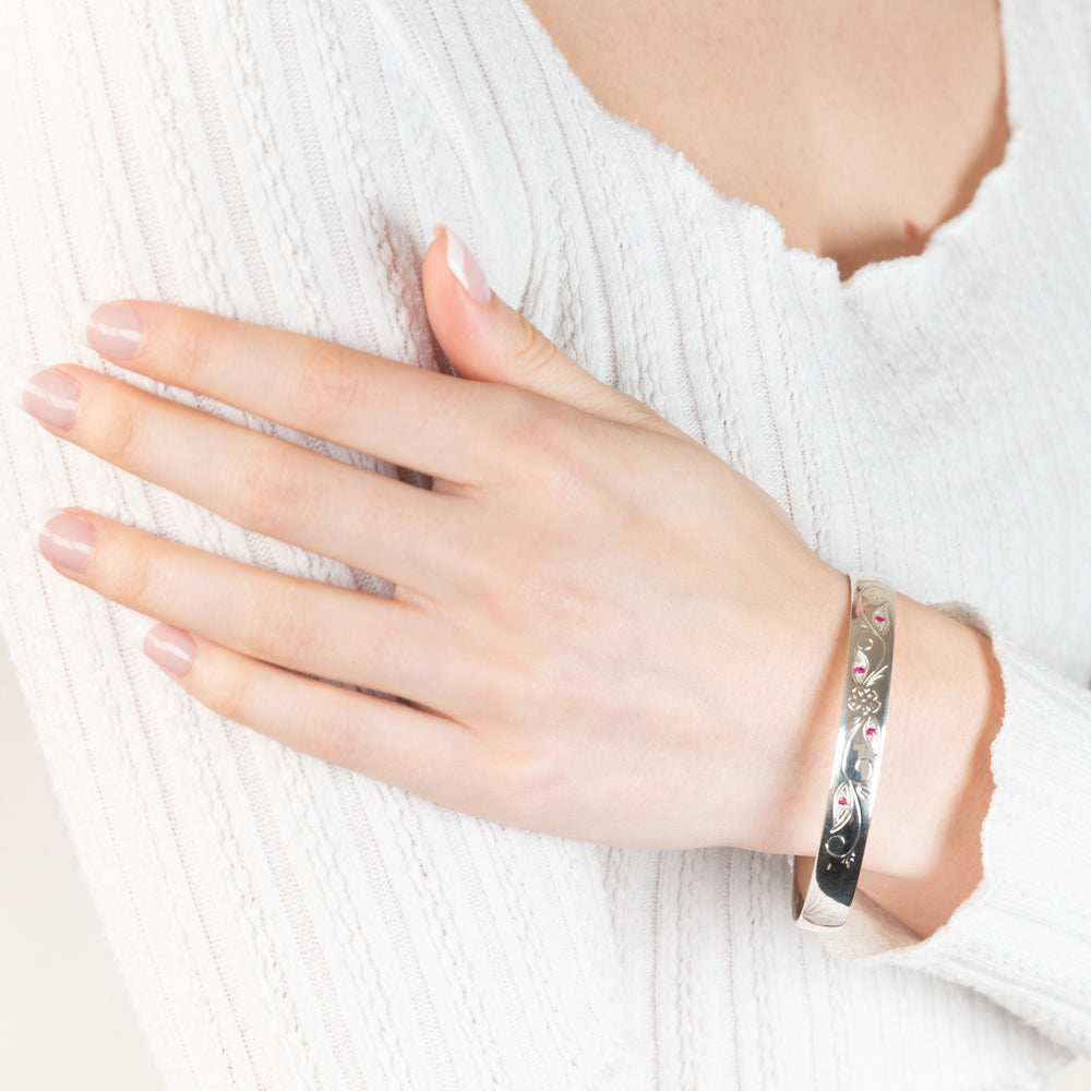 Sterling Silver Hand Engraved Ruby 65mm Bangle