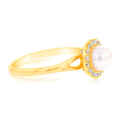 Sterling Silver 14ct Gold Plated Freshwater Pearl And Zirconia Ring