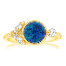 Load image into Gallery viewer, Sterling Silver Yellow Gold Plated Dark Blue Created Opal And Zirconia Ring