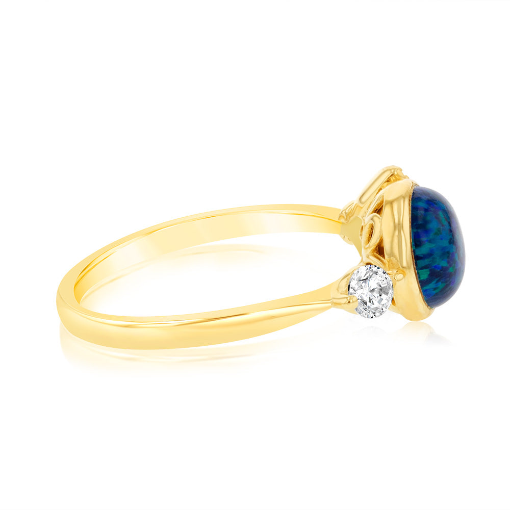 Sterling Silver Yellow Gold Plated Dark Blue Created Opal And Zirconia Ring