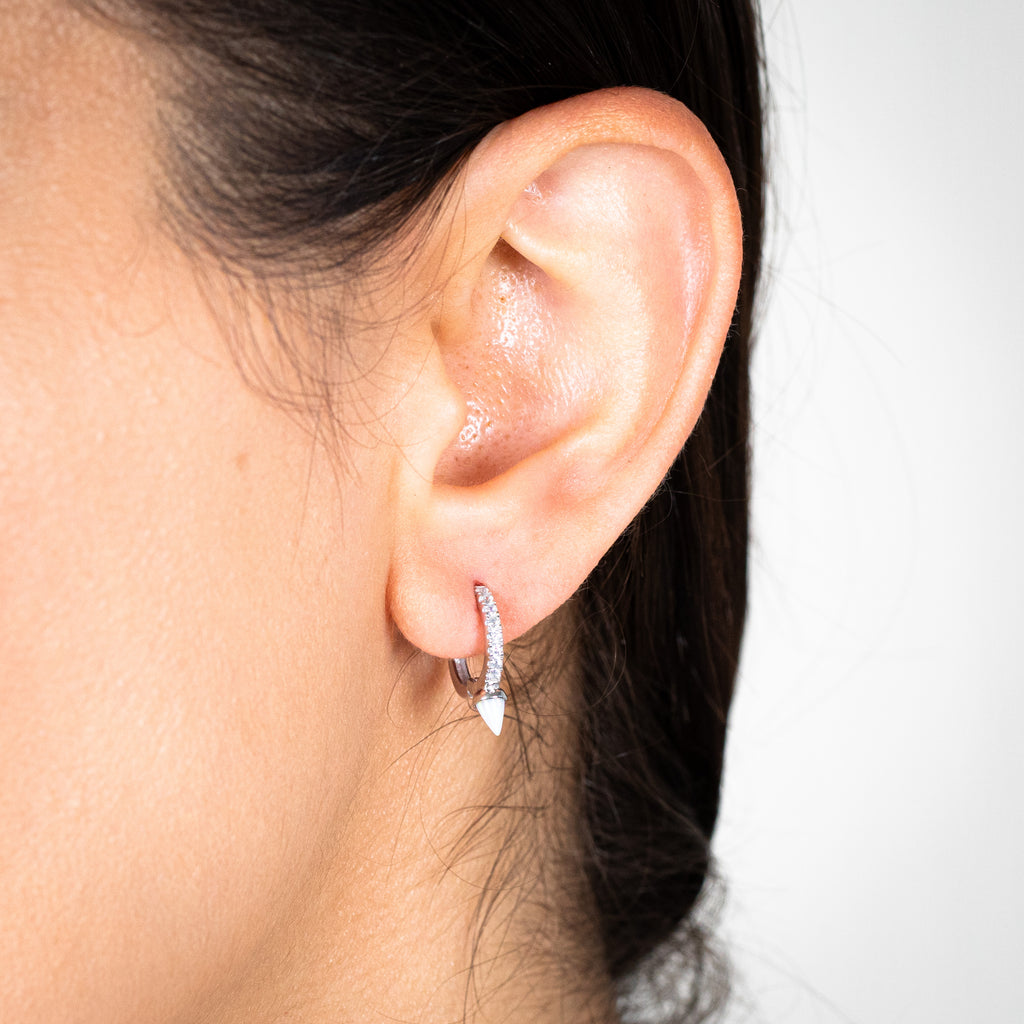 Sterling Silver Rhodium Plated Created White Opal & Zirconia Hoop Earrings