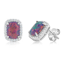 Load image into Gallery viewer, Sterling Silver Rhodium Plated Rectangle Created Purple Opal And White Zirconia Halo Stud Earrings