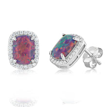 Load image into Gallery viewer, Sterling Silver Rhodium Plated Rectangle Created Purple Opal And White Zirconia Halo Stud Earrings
