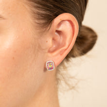 Load image into Gallery viewer, Sterling Silver Rhodium Plated Rectangle Created Purple Opal And White Zirconia Halo Stud Earrings