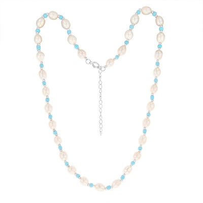 White Freshwater Pearl 42-47cm Adjustable Chain with Blue & Silver Beads in Sterling Silver