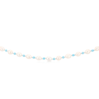 White Freshwater Pearl 42-47cm Adjustable Chain with Blue & Silver Beads in Sterling Silver