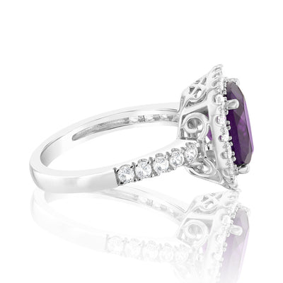 Natural Amethyst & Created White Sapphire Ring Sterling Silver
