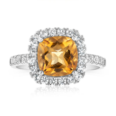 Natural Citrine & Created White Sapphire Ring Sterling Silver