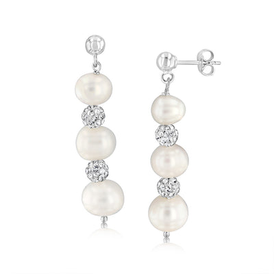 6-9MM Fresh Water Black Pearl Crystal Bead Earring & Pendant Set in Sterling Silver