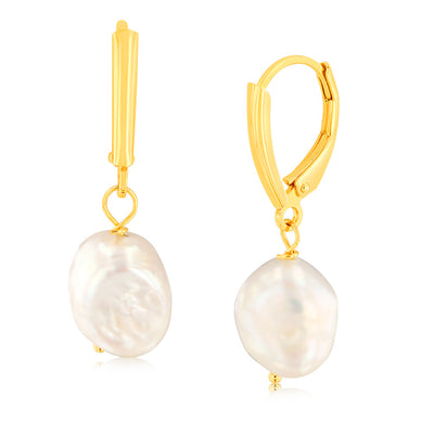 9.5mm-10.5mm White Fresh Water Pearl Drop Earrings in Gold Plated Sterling Silver