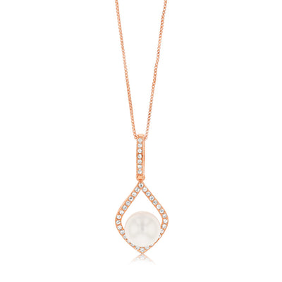 8-9mm Fresh Water Pearl + Created Sapphire Pendant on 45cm chain Silver Rose Gold
