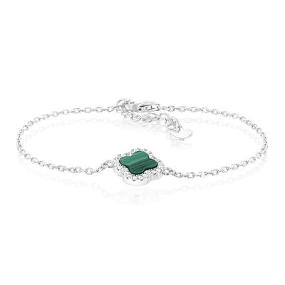 Clover Malachite & White Cubic Zirconia 19cm Bracelet in Sterling Silver Rhodium Plated