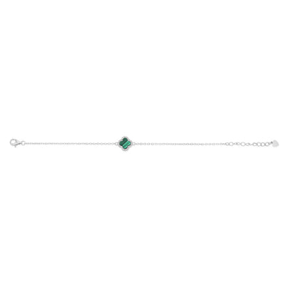 Clover Malachite & White Cubic Zirconia 19cm Bracelet in Sterling Silver Rhodium Plated