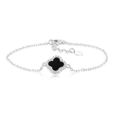 Clover Black Agate And White Cubic Zirconia 19cm Bracelet in Sterling Silver Rhodium Plated