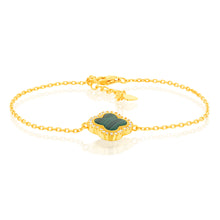 Load image into Gallery viewer, Clover Malachite &amp; White Cubic Zirconia 20cm Bracelet in Gold Plated Silver