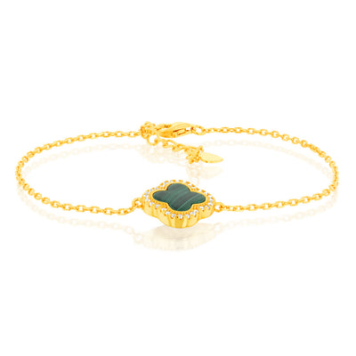 Clover Malachite & White Cubic Zirconia 20cm Bracelet in Gold Plated Silver