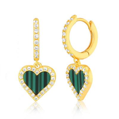 Malachite & Cubic Zirconia Heart Hoop Drop Earrings in Gold Plated Silver